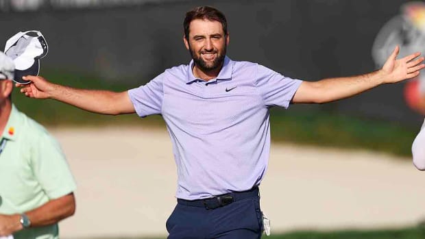 Scottie Scheffler celebrates after winning the 2024 Arnold Palmer Invitational Bay Hill Golf Course in Orlando, Fla.